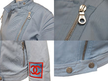 画像をギャラリービューアに読み込む, CHANEL シャネル セットアップ ライダースジャケット パンツ P1942502S コットン ブルー レッド シルバー サイズ36 美品 中古 50066
