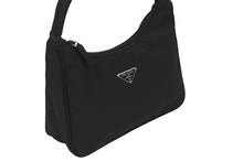 画像をギャラリービューアに読み込む, PRADA プラダ ホーボー ハンドバッグ ミニバッグ 三角ロゴ金具 プレート ナイロン ブラック 美品 中古 50397