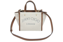 画像をギャラリービューアに読み込む, 新品同様 JIMMY CHOO ジミーチュウ ハンドバッグ コットンキャンバス ロゴ入り ショルダーストラップ付き 8D6FFW ゴールド金具