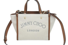 画像をギャラリービューアに読み込む, 新品同様 JIMMY CHOO ジミーチュウ ハンドバッグ コットンキャンバス ロゴ入り ショルダーストラップ付き 8D6FFW ゴールド金具