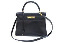 Load image into Gallery viewer, エルメス ケリー28 内縫い ブラック ソルド品 □B刻印 カーフスキン ゴールド金具 ハンドバッグ 2WAY 美品 中古 51451