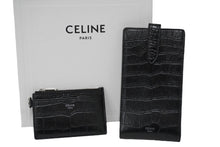 Load image into Gallery viewer, CELINE セリーヌ フォンポーチ&amp;カードケース ショルダーストラップ クロコ型押し レザー ブラック シルバー 美品 中古 54312