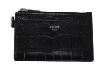 Load image into Gallery viewer, CELINE セリーヌ フォンポーチ&amp;カードケース ショルダーストラップ クロコ型押し レザー ブラック シルバー 美品 中古 54312