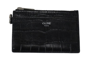 CELINE セリーヌ フォンポーチ&カードケース ショルダーストラップ クロコ型押し レザー ブラック シルバー 美品 中古 54312