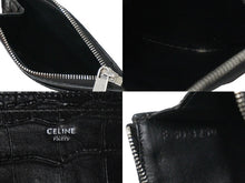 Load image into Gallery viewer, CELINE セリーヌ フォンポーチ&amp;カードケース ショルダーストラップ クロコ型押し レザー ブラック シルバー 美品 中古 54312