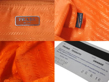 Load image into Gallery viewer, PRADA プラダ ポーチ 1NH545 ストラップ付き TESSUTO アランチョ ナイロン プレートロゴ オレンジ シルバー金具 美品 中古 54425