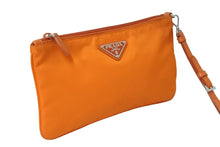 Load image into Gallery viewer, PRADA プラダ ポーチ 1NH545 ストラップ付き TESSUTO アランチョ ナイロン プレートロゴ オレンジ シルバー金具 美品 中古 54425