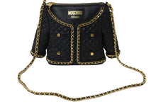 画像をギャラリービューアに読み込む, MOSCHINO モスキーノ キルト ジャケット ショルダーバッグ ラムスキン ブラック ゴールド ロゴ ゴールド金具 美品 中古 55129