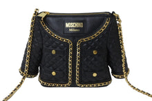 画像をギャラリービューアに読み込む, MOSCHINO モスキーノ キルト ジャケット ショルダーバッグ ラムスキン ブラック ゴールド ロゴ ゴールド金具 美品 中古 55129