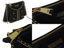 画像をギャラリービューアに読み込む, MOSCHINO モスキーノ キルト ジャケット ショルダーバッグ ラムスキン ブラック ゴールド ロゴ ゴールド金具 美品 中古 55129