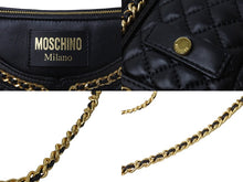 画像をギャラリービューアに読み込む, MOSCHINO モスキーノ キルト ジャケット ショルダーバッグ ラムスキン ブラック ゴールド ロゴ ゴールド金具 美品 中古 55129