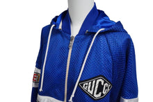 画像をギャラリービューアに読み込む, GUCCI グッチ メッシュ フード ジャケット ブルー ジップ ロゴ トップス パーカー 切り替え 511793 X9S68 サイズXS 美品 中古 55282