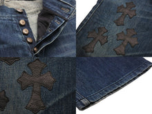 Load image into Gallery viewer, CHROME HEARTS クロムハーツ レザークロスパッチデニムパンツ ブルー ブラック シルバー金具 サイズ36 美品 中古 55339