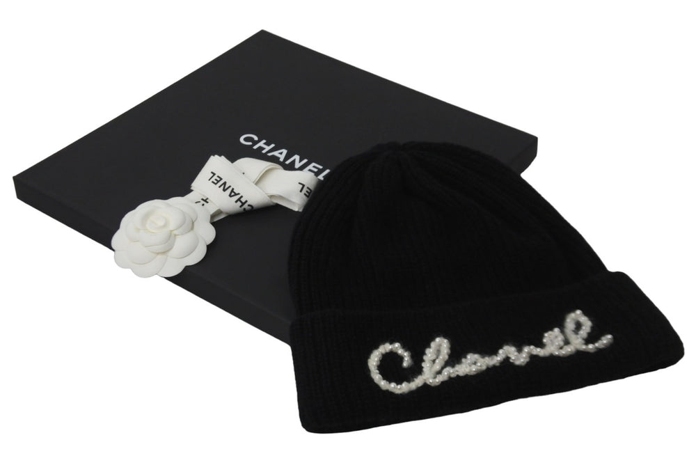 極美品 CHANEL シャネル ニットキャップ ニット帽 帽子 ユニセックス ロゴ パール カシミヤ ブラック 中古 55782