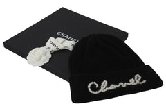 極美品 CHANEL シャネル ニットキャップ ニット帽 帽子 ユニセックス ロゴ パール カシミヤ ブラック 中古 55782