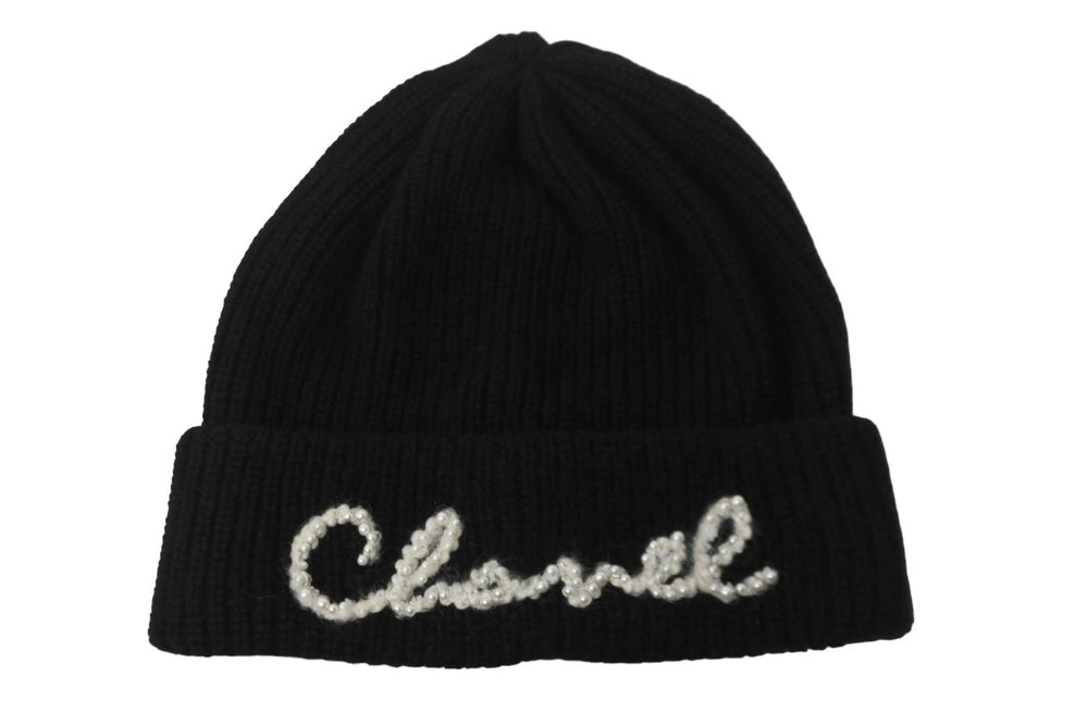 極美品 CHANEL シャネル ニットキャップ ニット帽 帽子 ユニセックス ロゴ パール カシミヤ ブラック 中古 55782