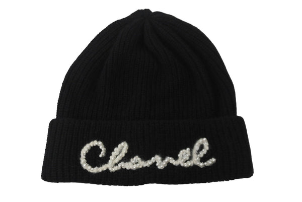 極美品 CHANEL シャネル ニットキャップ ニット帽 帽子 ユニセックス ロゴ パール カシミヤ ブラック 中古 55782