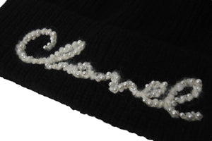 極美品 CHANEL シャネル ニットキャップ ニット帽 帽子 ユニセックス ロゴ パール カシミヤ ブラック 中古 55782