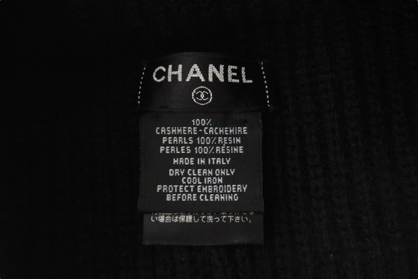 極美品 CHANEL シャネル ニットキャップ ニット帽 帽子 ユニセックス ロゴ パール カシミヤ ブラック 中古 55782