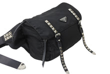 Load image into Gallery viewer, PRADA プラダ ナイロン スタッズ ショルダーバッグ ブラック トライアングルロゴ シルバー金具 黒 レザー 中古 55554