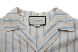 Gucci グッチ 半袖ボウリングシャツ オープンカラー ダブルGストライプ 623156 アイボリー ブルー 44 美品 中古 55834