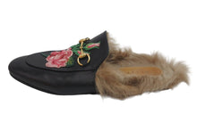 画像をギャラリービューアに読み込む, GUCCI グッチ ローファー プリンスタウン ピンクローズ フラワー刺繍 ファー ブラック 美品 中古 56221