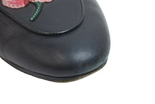 画像をギャラリービューアに読み込む, GUCCI グッチ ローファー プリンスタウン ピンクローズ フラワー刺繍 ファー ブラック 美品 中古 56221