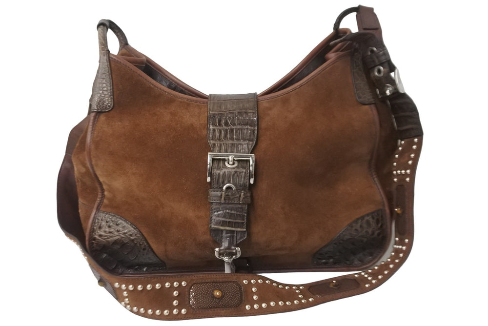 PRADA プラダ ショルダーバッグ ワニ エイ カウ タイガーアイ スタッズ スエード VA0539 ブラウン シルバー金具 56260