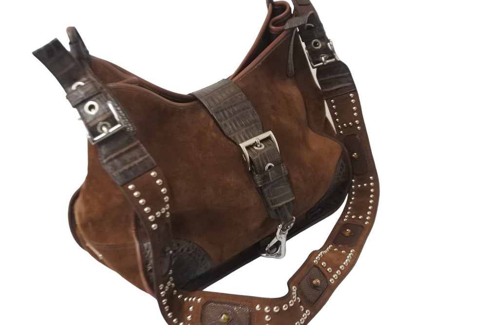 PRADA プラダ ショルダーバッグ ワニ エイ カウ タイガーアイ スタッズ スエード VA0539 ブラウン シルバー金具 56260