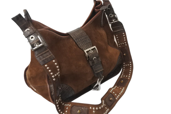 PRADA Shoulder Bag Crocodile Ray Cow Tiger Eye Studs Suede VA0539 Brown Silver Hardware 56260