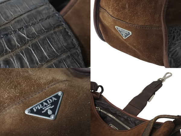 PRADA Shoulder Bag Crocodile Ray Cow Tiger Eye Studs Suede VA0539 Brown Silver Hardware 56260