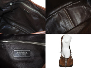 PRADA Shoulder Bag Crocodile Ray Cow Tiger Eye Studs Suede VA0539 Brown Silver Hardware 56260