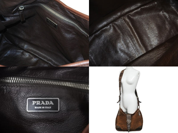 PRADA Shoulder Bag Crocodile Ray Cow Tiger Eye Studs Suede VA0539 Brown Silver Hardware 56260