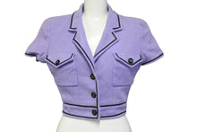 画像をギャラリービューアに読み込む, CHANEL シャネル ジャケット クロップド丈 ココマーク タグ無し コットン シルク パープル ゴールド金具 美品 中古 56748