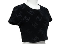 画像をギャラリービューアに読み込む, CHANEL シャネル 半袖Ｔシャツ ココマーク ベロア チビT ブラック ショート丈 サイズ40 96P 美品 中古 56763