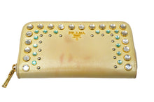 Load image into Gallery viewer, PRADA プラダ 財布 ラウンドファスナー長財布 ビジュー ラインストーン エナメル ベージュ ゴールド金具 中古 56866