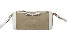 Load image into Gallery viewer, PRADA プラダ ドラム型ショルダ－バッグ キャンバス レザー リボン ベージュ ホワイト ゴールド金具 美品 中古 56933