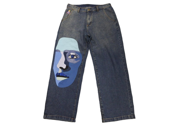 KidSuper Patchwork Denim Straight Pants AW23-PT-2 Blue Embroidery Gold Hardware Excellent Condition Used 57036