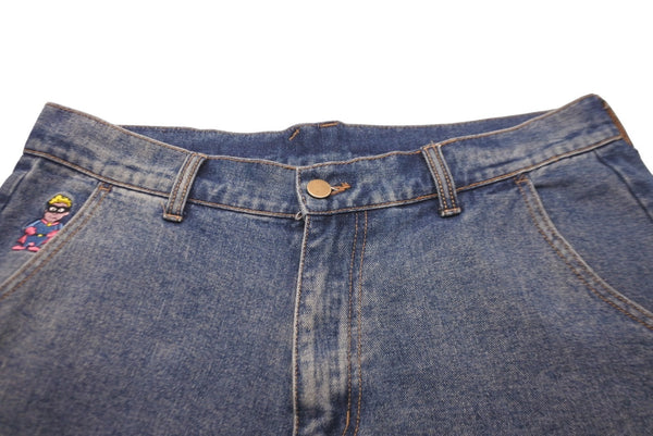 KidSuper Patchwork Denim Straight Pants AW23-PT-2 Blue Embroidery Gold Hardware Excellent Condition Used 57036