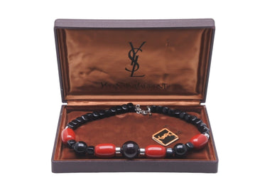 YVES SAINT LAURENT イヴ サンローラン ネックレス ビーズネックレス ブラック レッド シルバー金具 美品 中古 58316