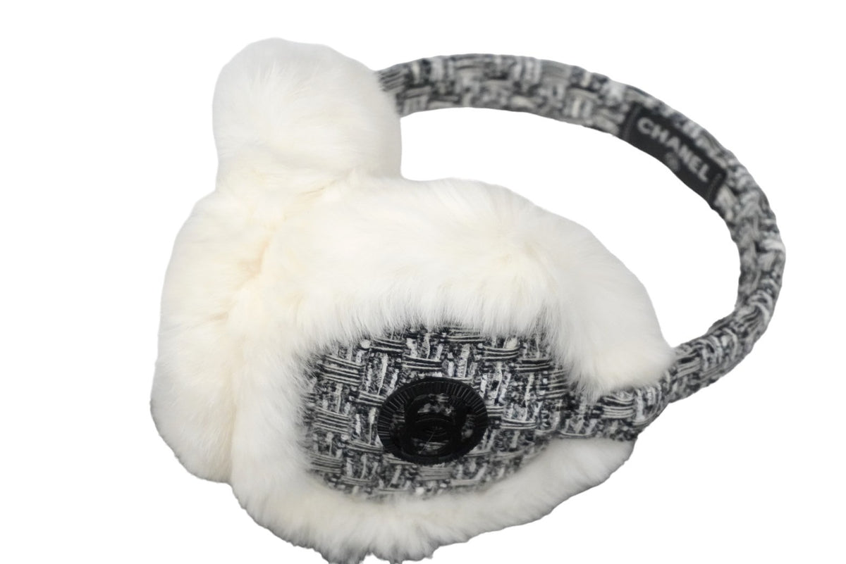 新品同様 CHANEL シャネル イヤーマフ ココマーク ツイード ホワイト