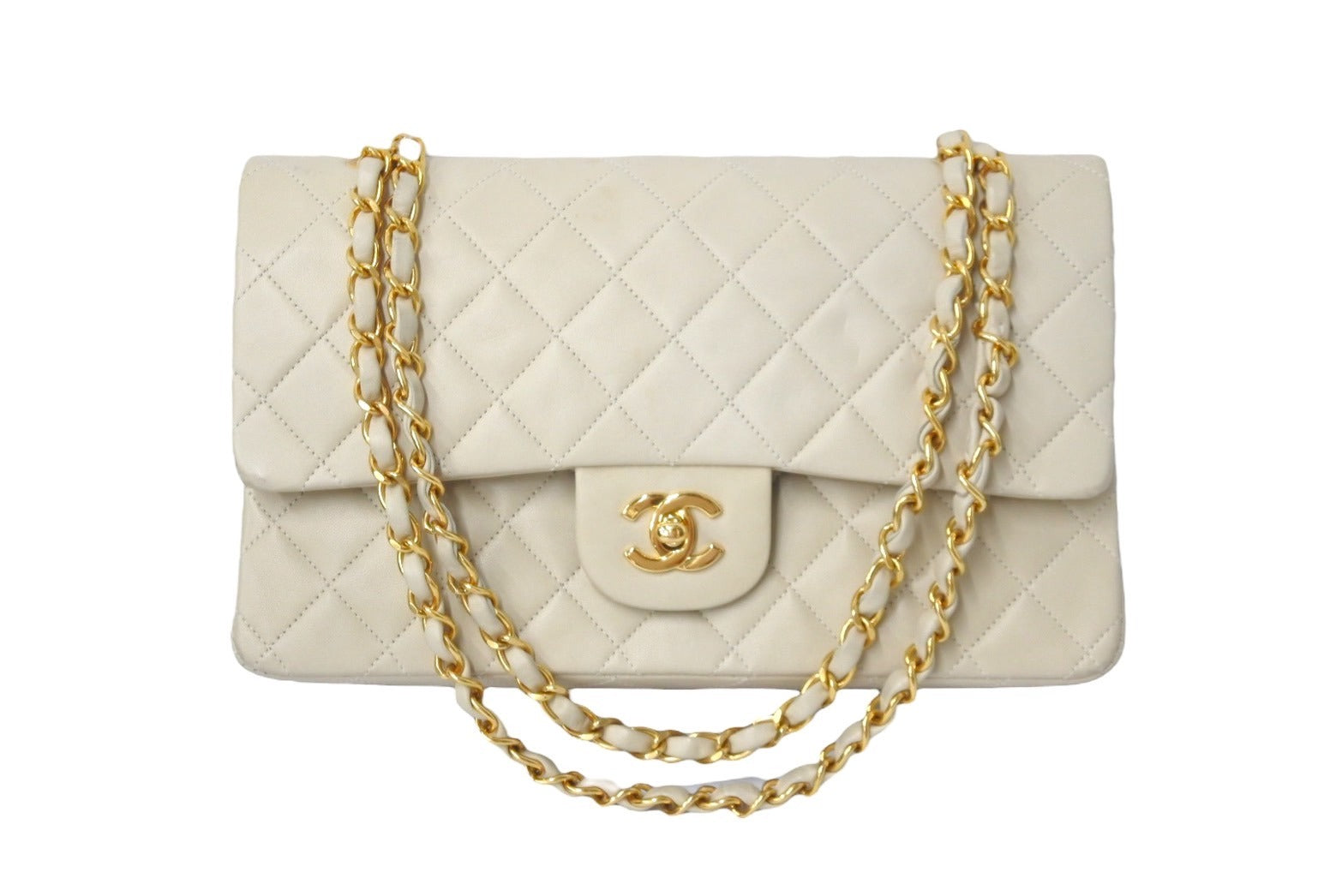 CHANEL シャネル マトラッセ 25cm Wフラップチェーン ショルダーバッグ ベージュ 4番台 ココマーク ラムスキン 美品 中古 58479  – Casanova Vintage