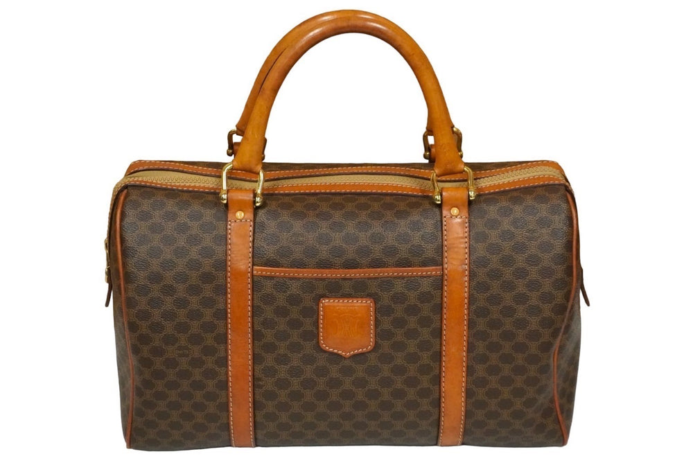 CELINE セリーヌ ボストンバッグ 35CM マカダム柄 ブラウン PVC レザー M08 ゴールド金具 良品 中古 58551