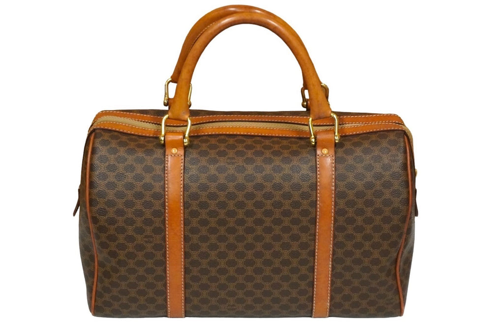 CELINE セリーヌ ボストンバッグ 35CM マカダム柄 ブラウン PVC レザー M08 ゴールド金具 良品 中古 58551