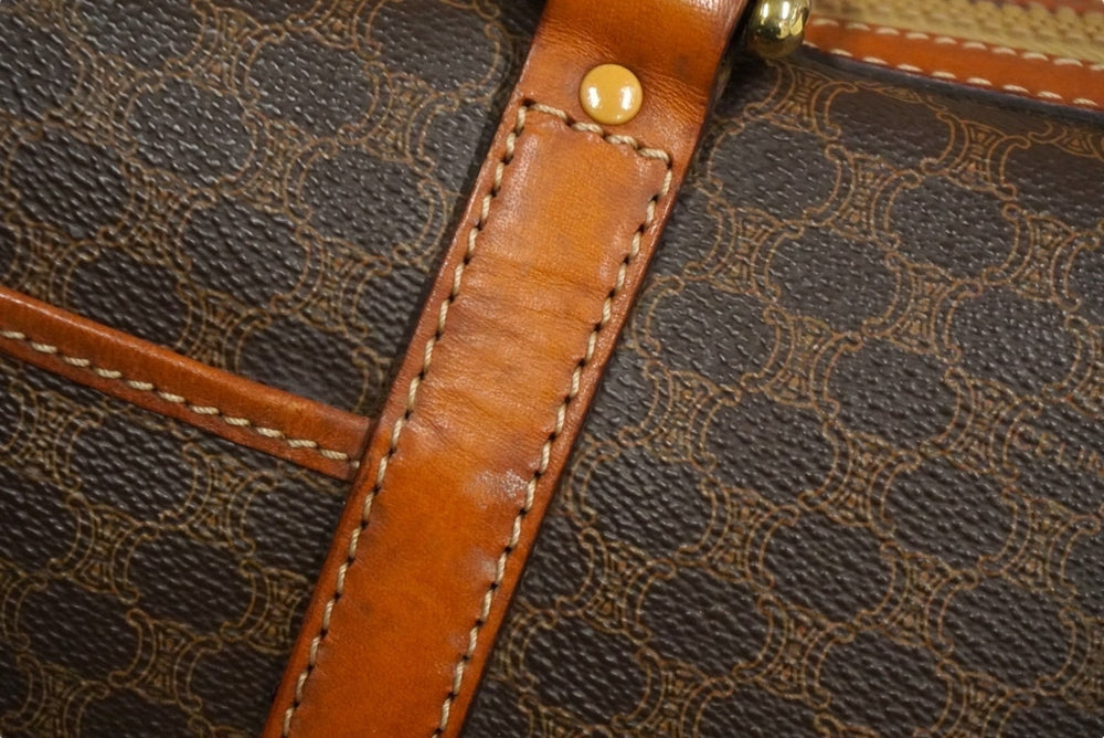 CELINE セリーヌ ボストンバッグ 35CM マカダム柄 ブラウン PVC レザー M08 ゴールド金具 良品 中古 58551
