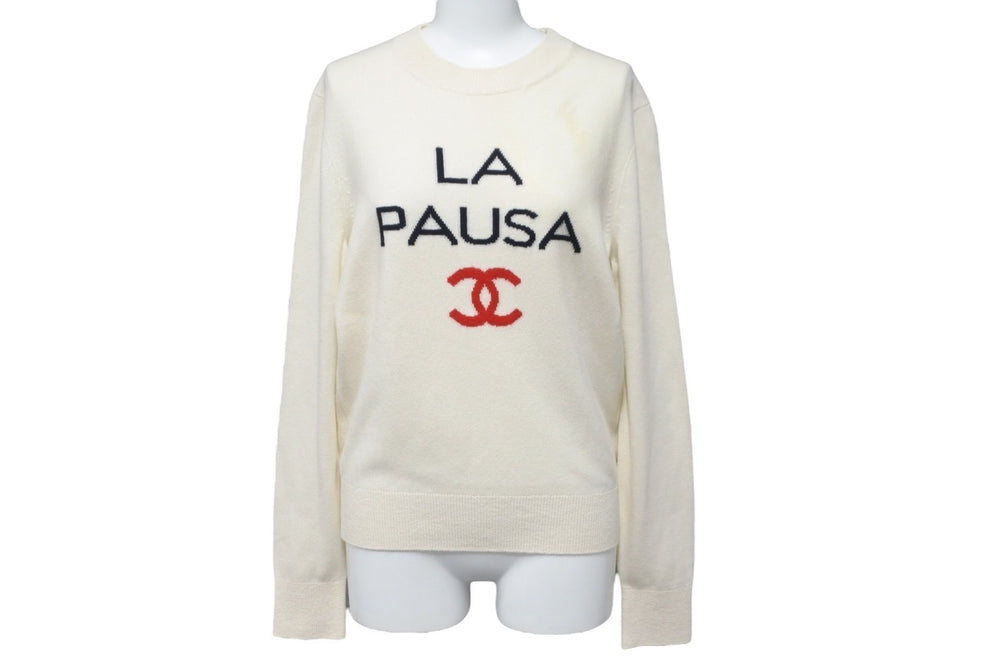 CHANEL Knit Sweater La Pausa Knit Coco Mark P60439K46038 Cashmere Off-White 34 Good Used 58751