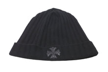 画像をギャラリービューアに読み込む, 極美品 CHROME HEARTS クロムハーツ CH プラス ニットキャップ ブラック クロス レザー パッチ ビーニー カシミヤ 中古 59164