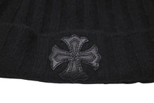 画像をギャラリービューアに読み込む, 極美品 CHROME HEARTS クロムハーツ CH プラス ニットキャップ ブラック クロス レザー パッチ ビーニー カシミヤ 中古 59164