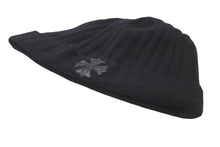 画像をギャラリービューアに読み込む, 極美品 CHROME HEARTS クロムハーツ CH プラス ニットキャップ ブラック クロス レザー パッチ ビーニー カシミヤ 中古 59164