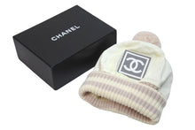画像をギャラリービューアに読み込む, CHANEL シャネル スポーツライン ココマーク ニットキャップ ボンボン 裏起毛 ホワイト ピンク サイズM 美品 中古 59475